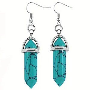 Hexagon Point Dangle Earrings Blue Howlite Natural Stone